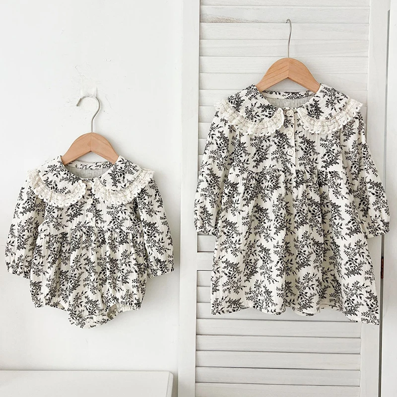 Baby Girl Floral Jumpsuit 0-24M Baby Jumpsuit Full Sleeve Lace Princess Romper Lapel Vintage Style Newborn Kids Casual Jumpsuit