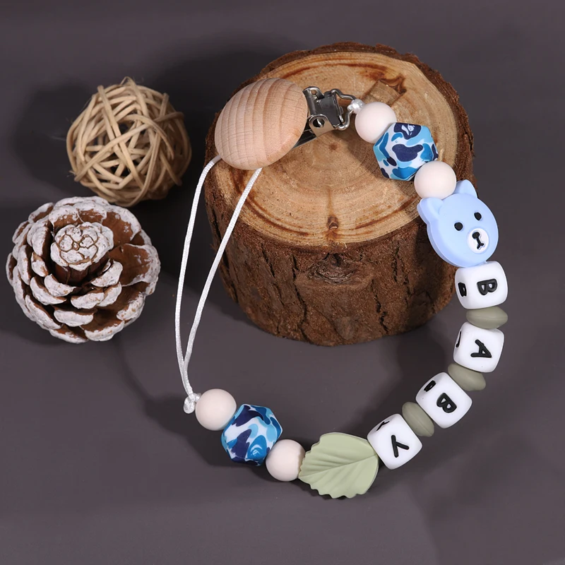 Personalized Name Baby Pacifier Clips Chains Silicone Bear Beads Teethers Dummy Nipple Holder Clip Newborn Teething Toys