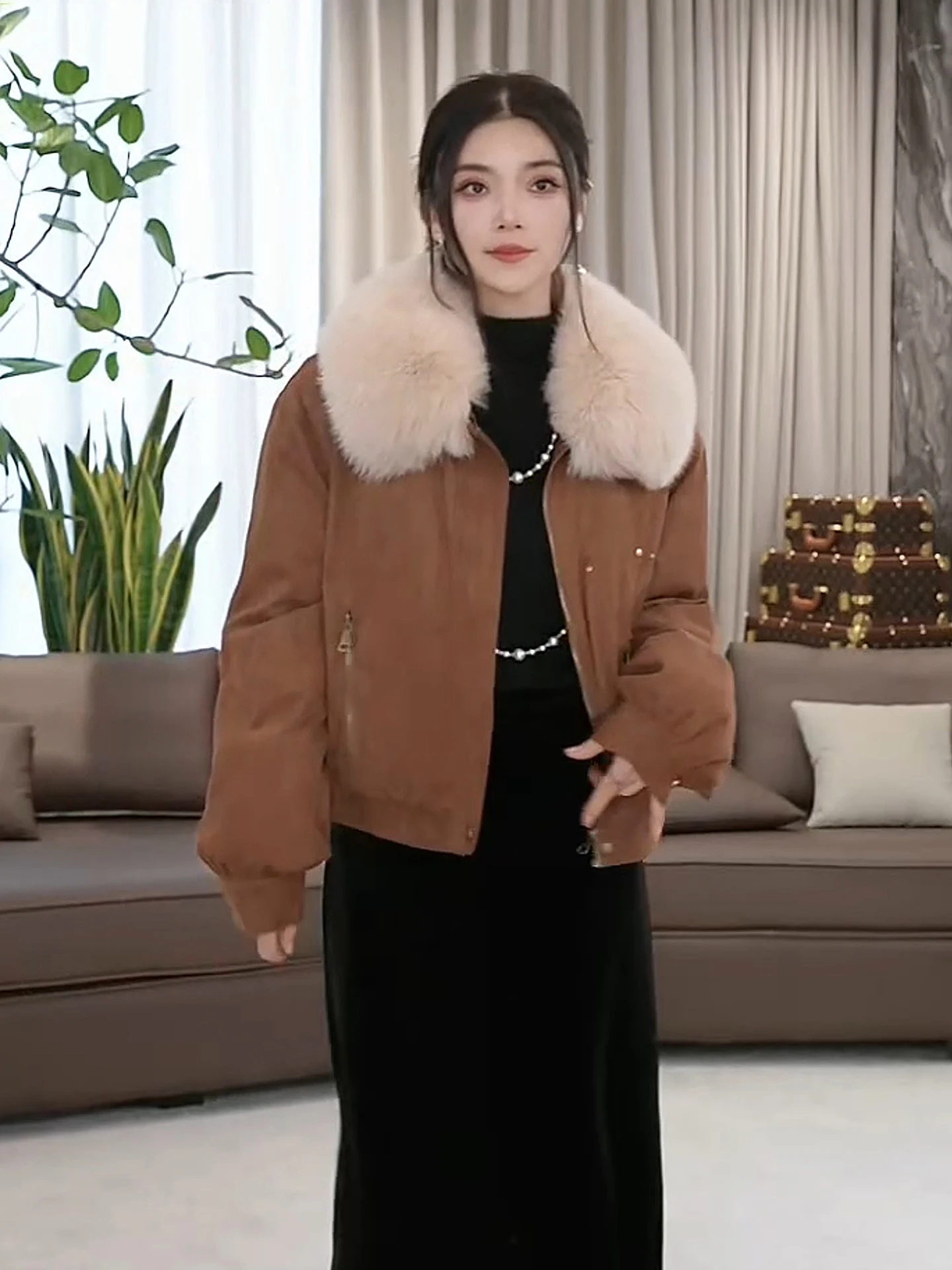 

Faionable Miu Series Женское пальто с меховым воротником из гусиного пуха, повседневное пальто со стойкой, наполнитель из полиэфирного волокна