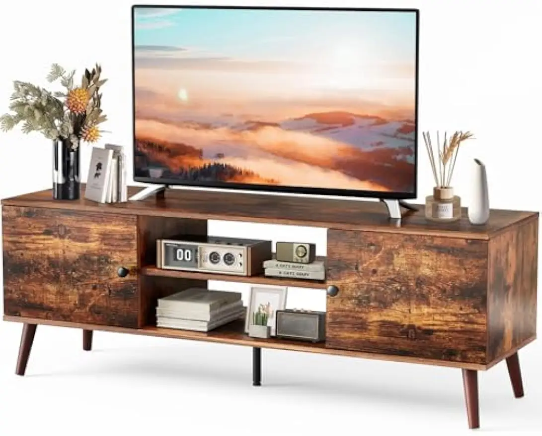 

XMSJ TV Stand For 55 60 Inch TV, Modern Mid Century Entertainment Center With Storage, Media Console Table 2 Cabinet, Soft Hinge