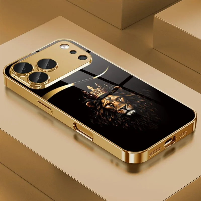 Funda para Teléfono con Diseño de Corona de León en Dorado Metálico para iPhone 11 12 13 14 15 16 17 Pro Max 14 Plus 17 Air 16E