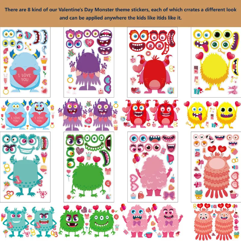 Creative Make-A-Face Sticker Sheets DIY Make Your Own Monster Love Heart Cute Stickers Puzzle Toys Keep Kids Busy Party Gifts