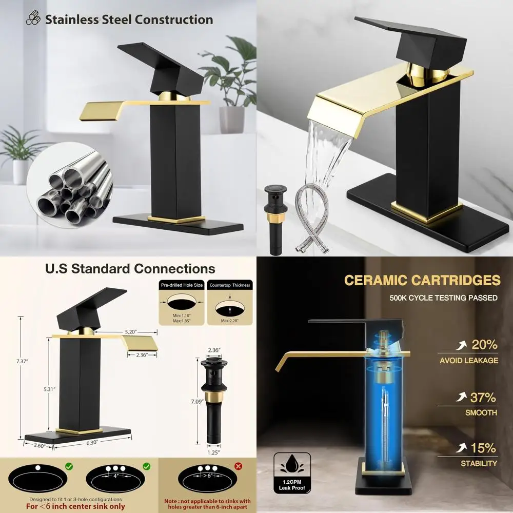 

Stainless Steel Deck-Mounted Single-Handle Waterfall Faucet in Black and Gold for 1-3 Hole Bathroom Sinks, Includes Drain and Su