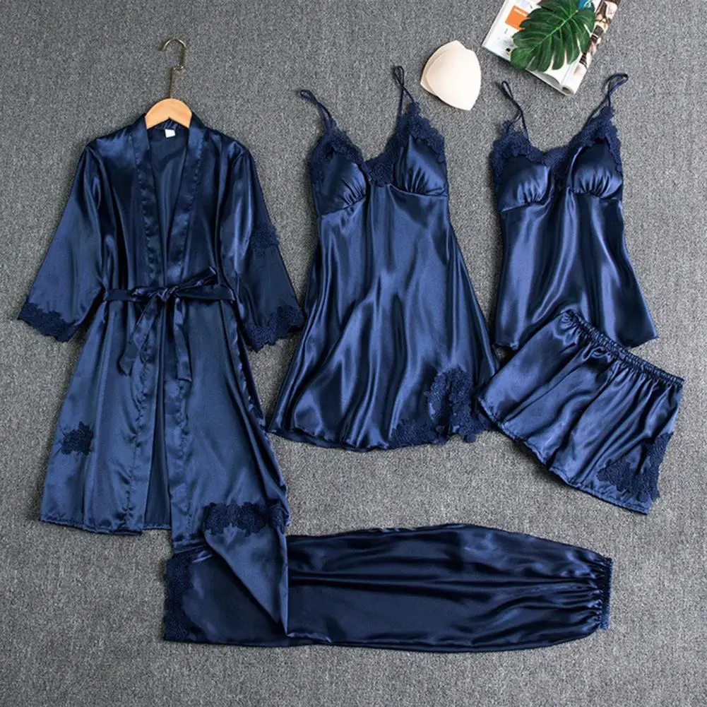 5 Pcs/Set Women Pajamas Set Nightdress Top Shorts Pants Set Silky Satin Lace Patchwork Lady Nightgown Female Homewear Set