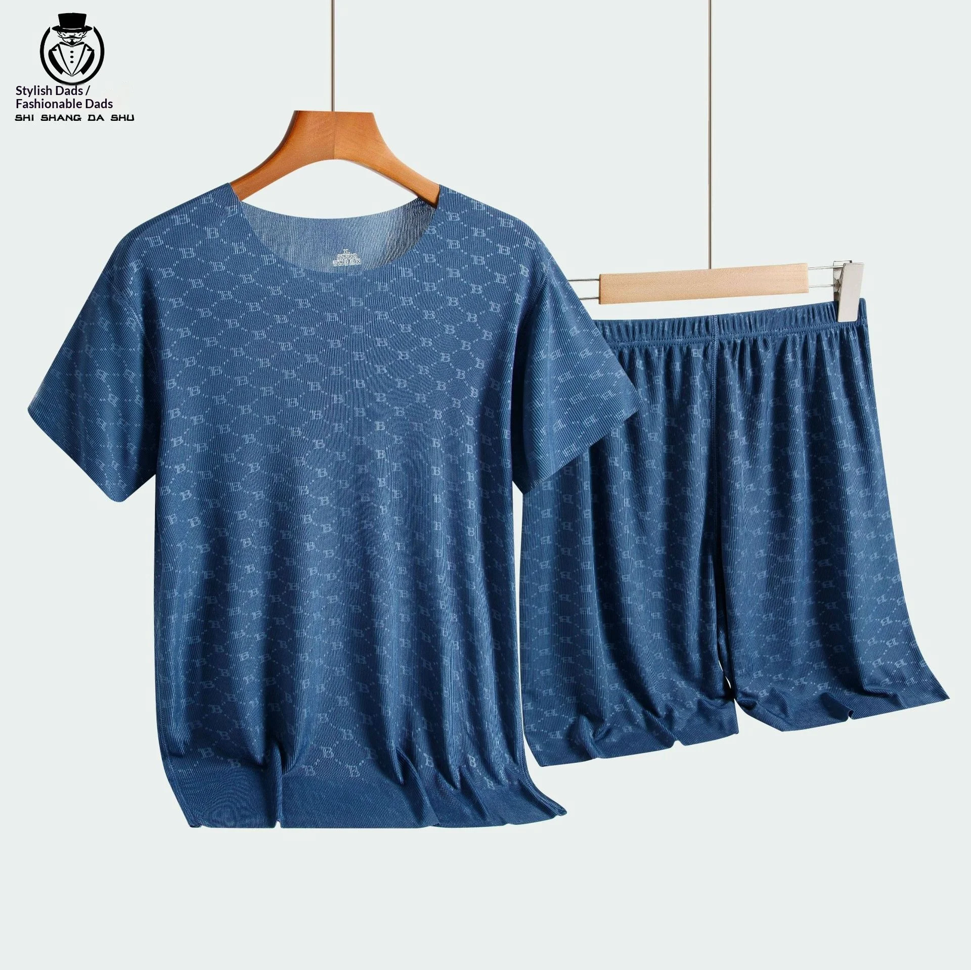 

American-Style Summer Men's Loungewear Printed Ice Silk T-Shirt with Short Sleeves, Modal Leisure Pyjama Bottoms, Lightweight Se