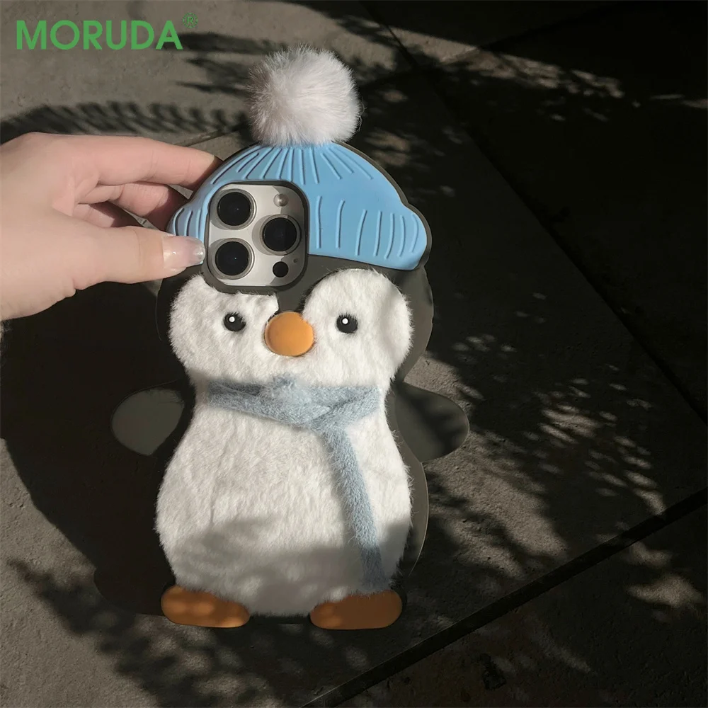 Cute 3D Penguin Plush Silicone Phone Case For iPhone 16 ProMax 14 15 Plus 13 Pro Max Snow White Soft Shockproof Protective Cover