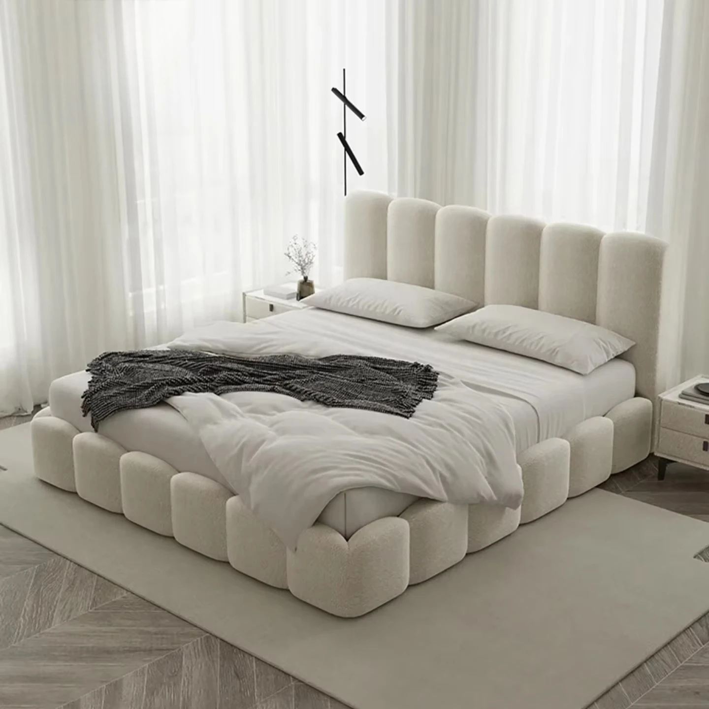 # French Retro Cream Luxury White Sherpa Large Size Master Bedroom Bed 1.5 1.8 Meters Apartment Villa Hotel Double Bed