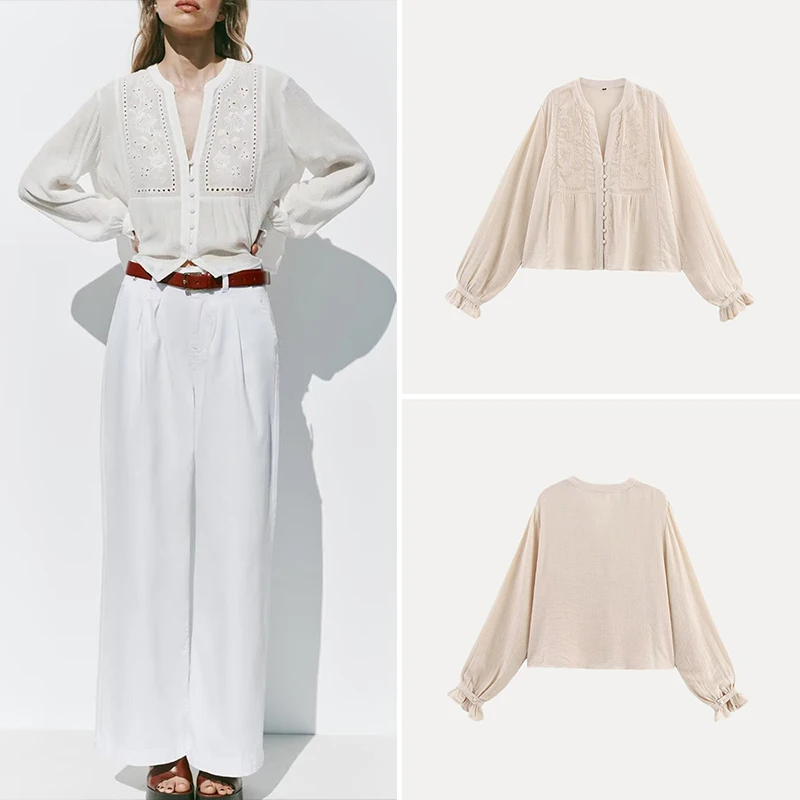 

Женская вышитая ажурная блузка Z, новинка 2025 года, модная, элегантная, с коротким рукавом, длинный рукав, 100% полиэстер