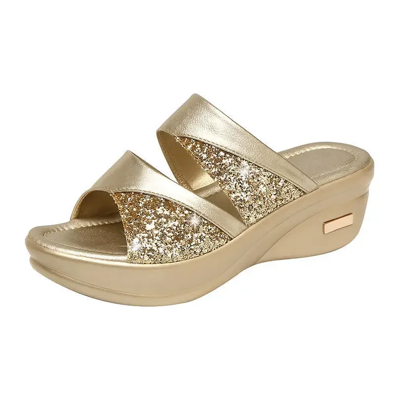 Sandals Woman Summer Gold Open Toe Sandal Dress Shoes Womens High Heels Sandals Platform Wedges Heeled Pumps Ladies Shoes