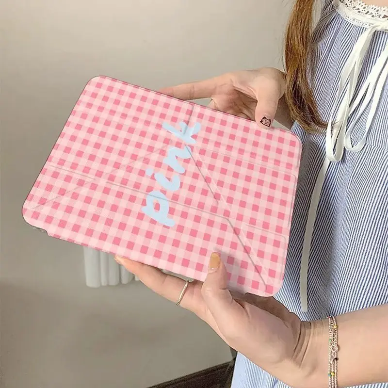 Korean Pink Grid  iPad Case For iPad Pro 11 13in 2025 iPad Pro 12.9in Air7 10th 11th M4/5 Rotate 3y  Anti-fall Tablet Cover