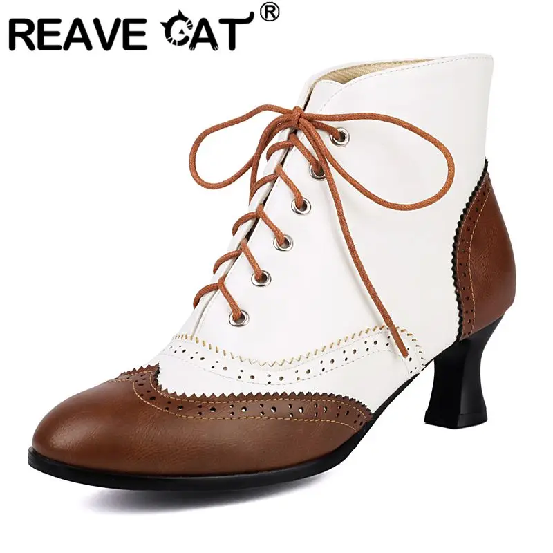 

REAVE CAT Новые женские ботильоны с круглым носком, необычные каблуки 5 см, смешанные цвета, большие размеры 41 42 43 для повседневного использования