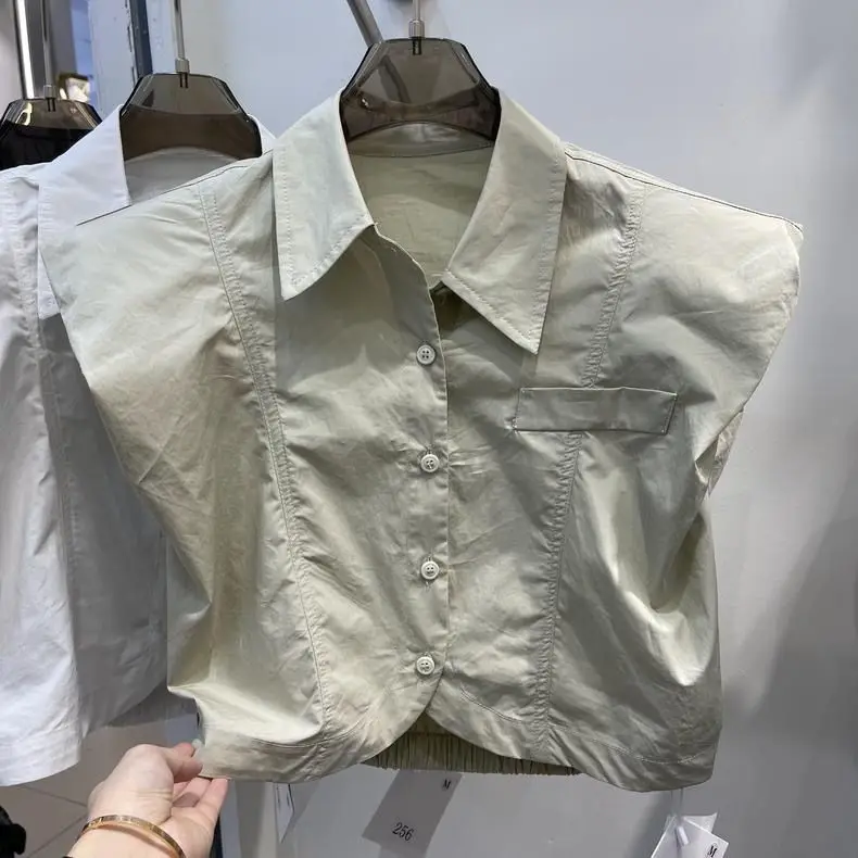 2024 Spring/Summer New Korean Edition Loose Single breasted Short sleeveless Solid Color Shirt Top Women's Fashion