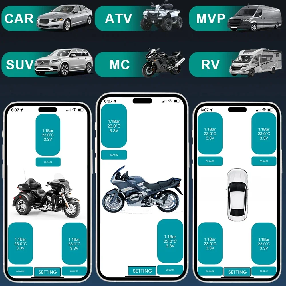 Motorrad Bluetooth-Kompatibel Reifendruck Überwachung System TPMS Reifendruck Sensoren Externe Sensor Android/IOS Auto TMPS