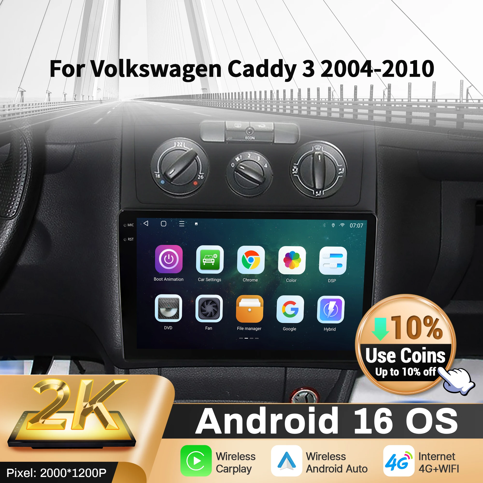 10 inch Car Radio For VW Volkswagen Caddy 3 2004-2010 BT Carplay Android 16 Multimedia Navigation Head Unit 2K QLED Screen