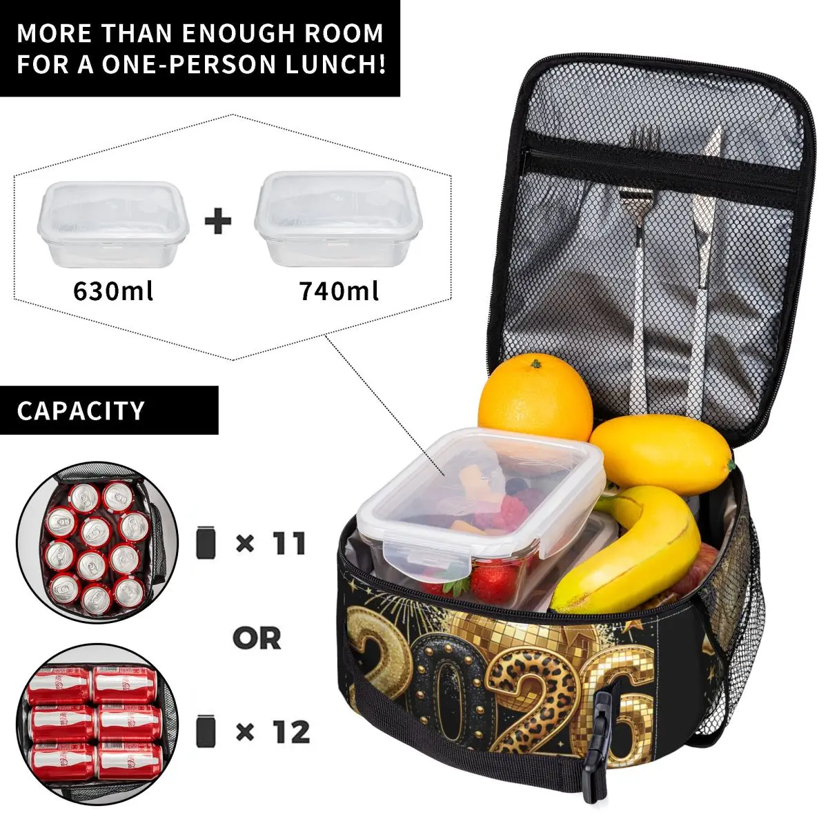 Happy New Year Party 2026 Disco Ball Lunch Bag Casual Lunch Box Outdoor Picnic Portable Zipper Tote Food Bags Cooler Bag