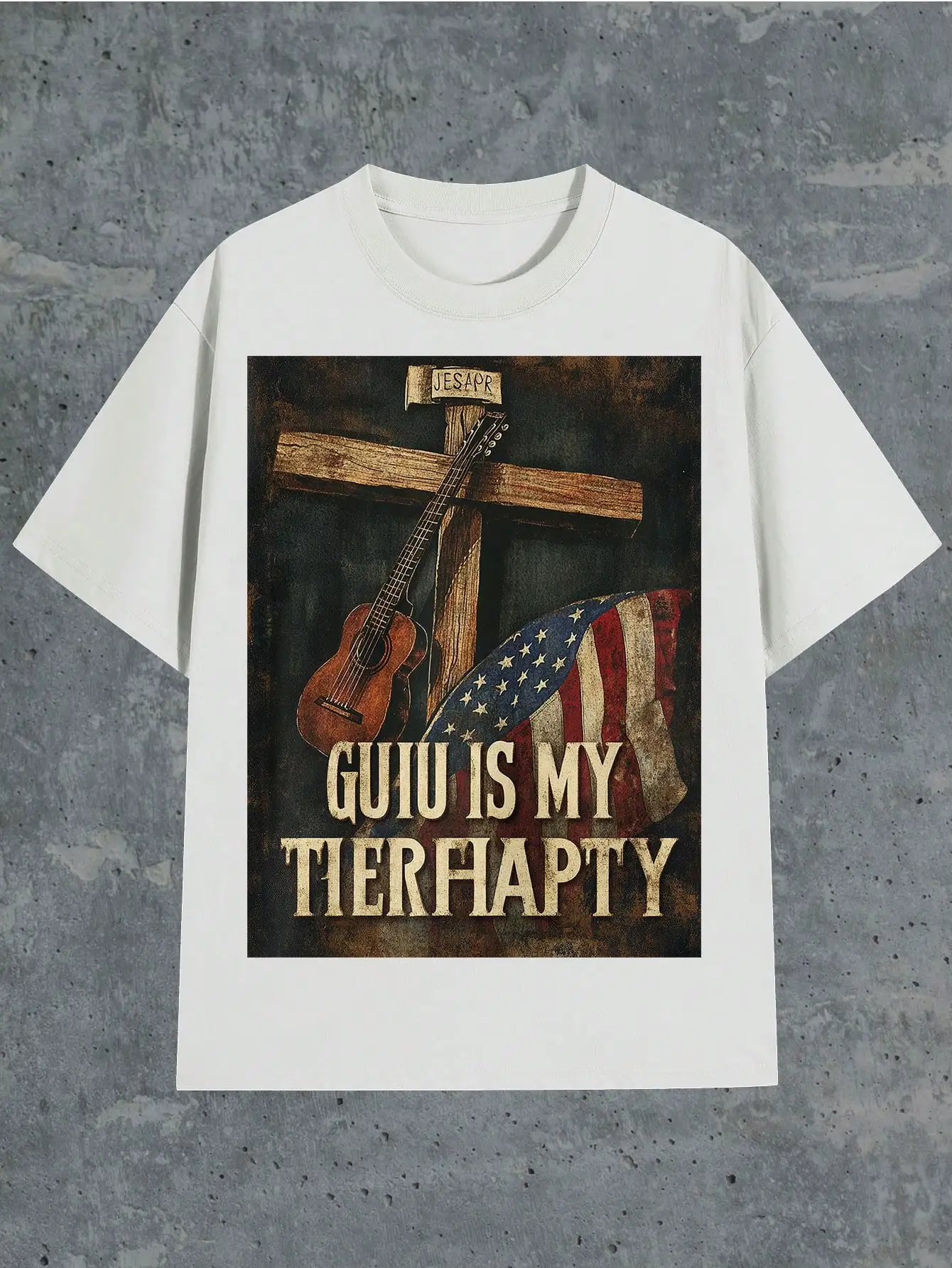 

Rustic Guitar And Flag 100% Cotton Men's T-Shirt Vintage Printed Short Sleeved 220g Crew Neck Tee Comfortable And Breathable Id