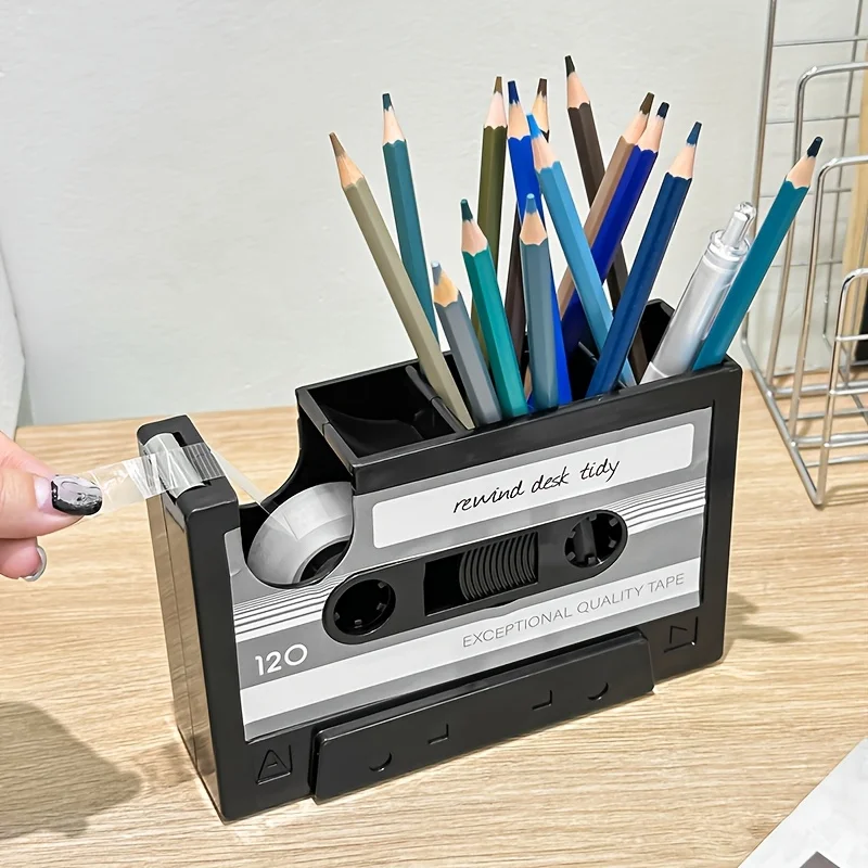 ABS Cassette Tape Pen Holder, Multifunctional Desk Organizer with Tape Cutter, Retro Stationery Storage Box for Office Home