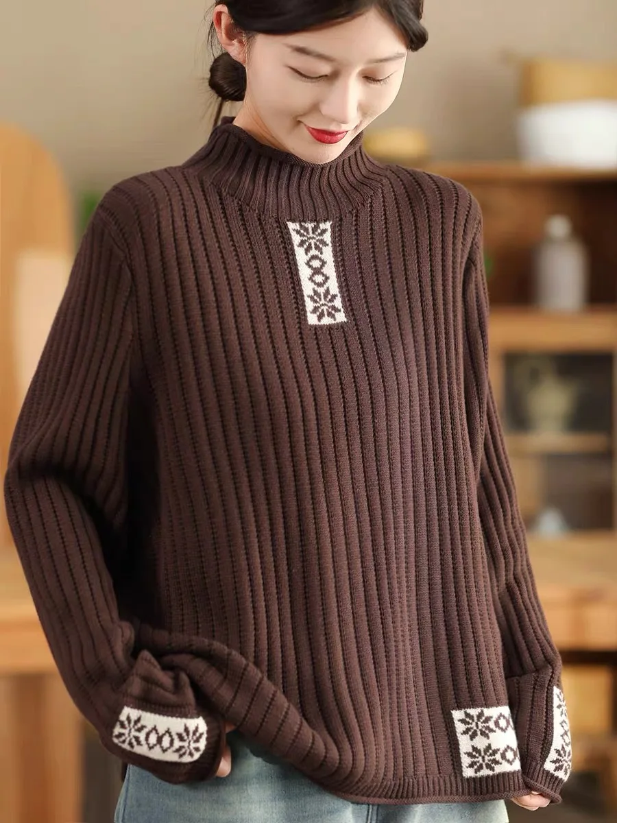 الخريف الشتاء المرأة فضفاضة طويلة Sve محبوك سترة f عالية طوق الرجعية القطن Tead طباعة قاعدة irt Thiened الدفء