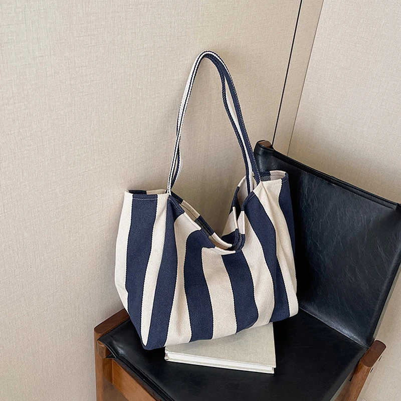 Sommerliche gestreifte Canvas-Tragetasche für Damen, lässig, große Kapazität, einfache Umhängetaschen, Einkaufshandtasche, tägliche Tragetasche – Detail 23