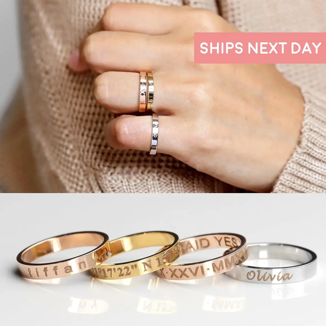 4mm Personalized Stacking Ring Custom Engraved Name Coordinate Initial Ring Stackable Gold Ring Mothers Jewelry Gift For Her