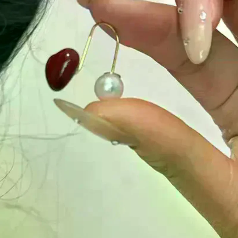 Red Heart Korean Beads Earrings for Women Sweet Romantic Jewelry Unique Accessories for Club Night Outfit