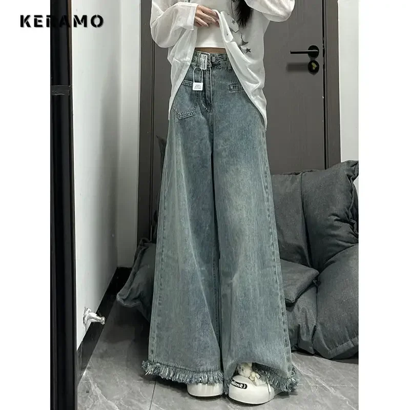 American Retro Oversized High Waist Jeans For Women Casual Baggy Streetwear Pocket Y2K Pants Wide Leg Grunge Solid Denim Trouser