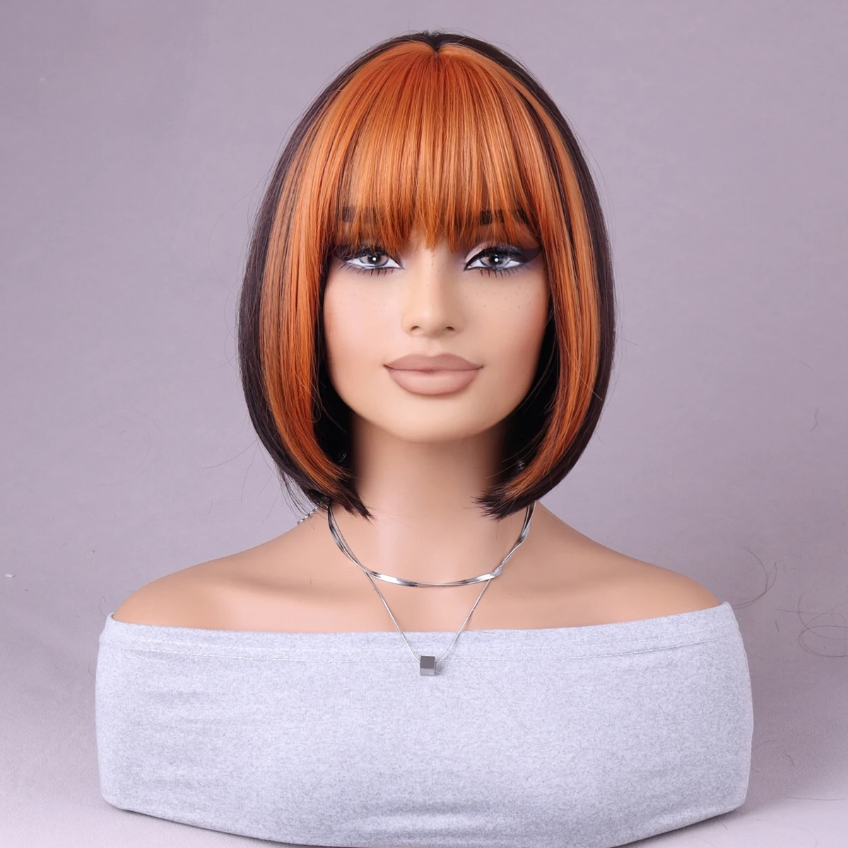 

Brown Black Multicolor wavy fringe Bob Natural synthetic heat resistant fiber everyday Cosplay Wigs 12 inches