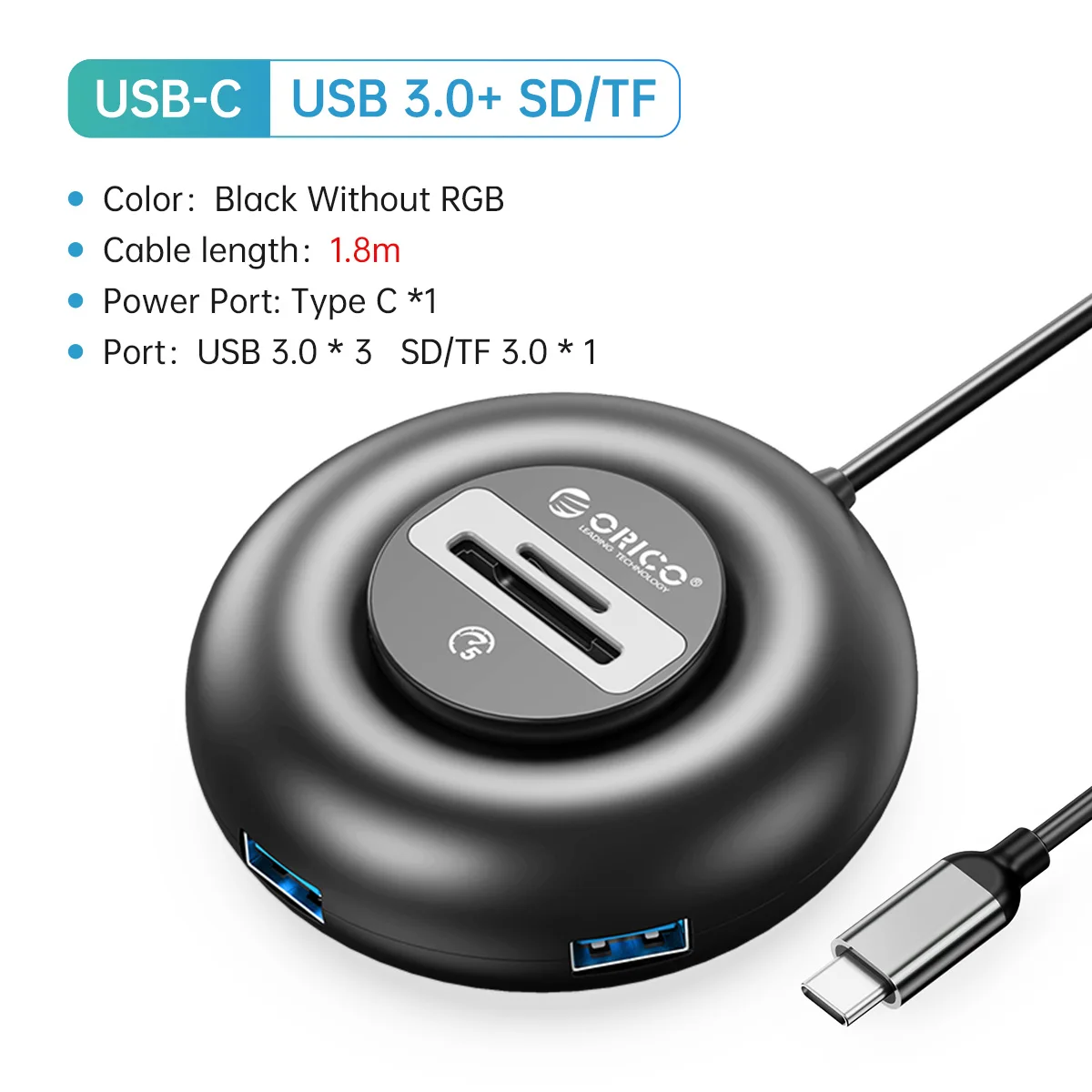 ORICO RGB USB HUB 4 Ports 3.0 Multi-USB-Splitter mit Typ-C-Ladeleistung Ultraschlanker OTG-Adapter für PC MacBook Pro Lenovo