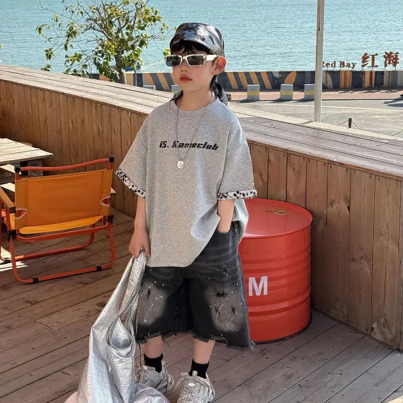 

Children's Letter Leopard Print Cotton Versatile T-shirt Boys Breathable Short-sleeved Top 2026 New Korean Children's Clothing