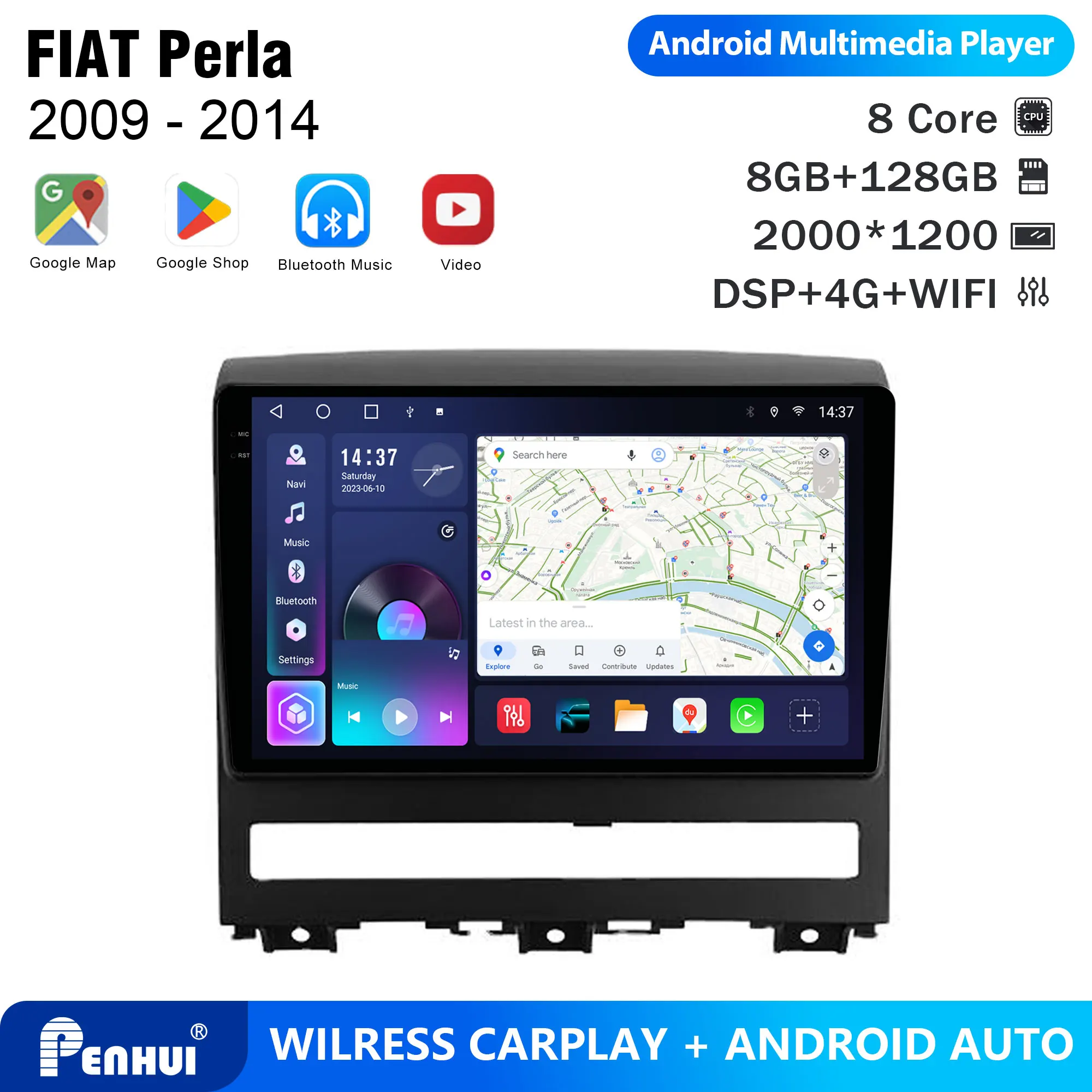 Penhui For FIAT Perla 2009 - 2014 Android Car DVD Player 2Din 9'' Touchscreen DSP Bluetooth Video Radio Multimedia System