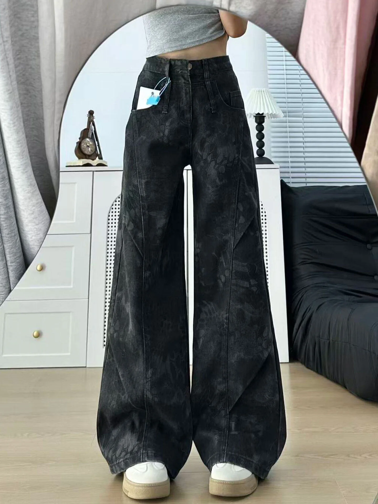 

Джинсы женские прямые с высокой талией, на подкладке, с эффектом тай-дай, весенние, новые, свободного кроя, в американском стиле casual