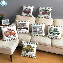 45x45cm Happy Campers Owl Motorhome Print Pillow Case Soft Polyester Sofa Car Seat/Back Cushion Cover for Home Decor Pillowcases