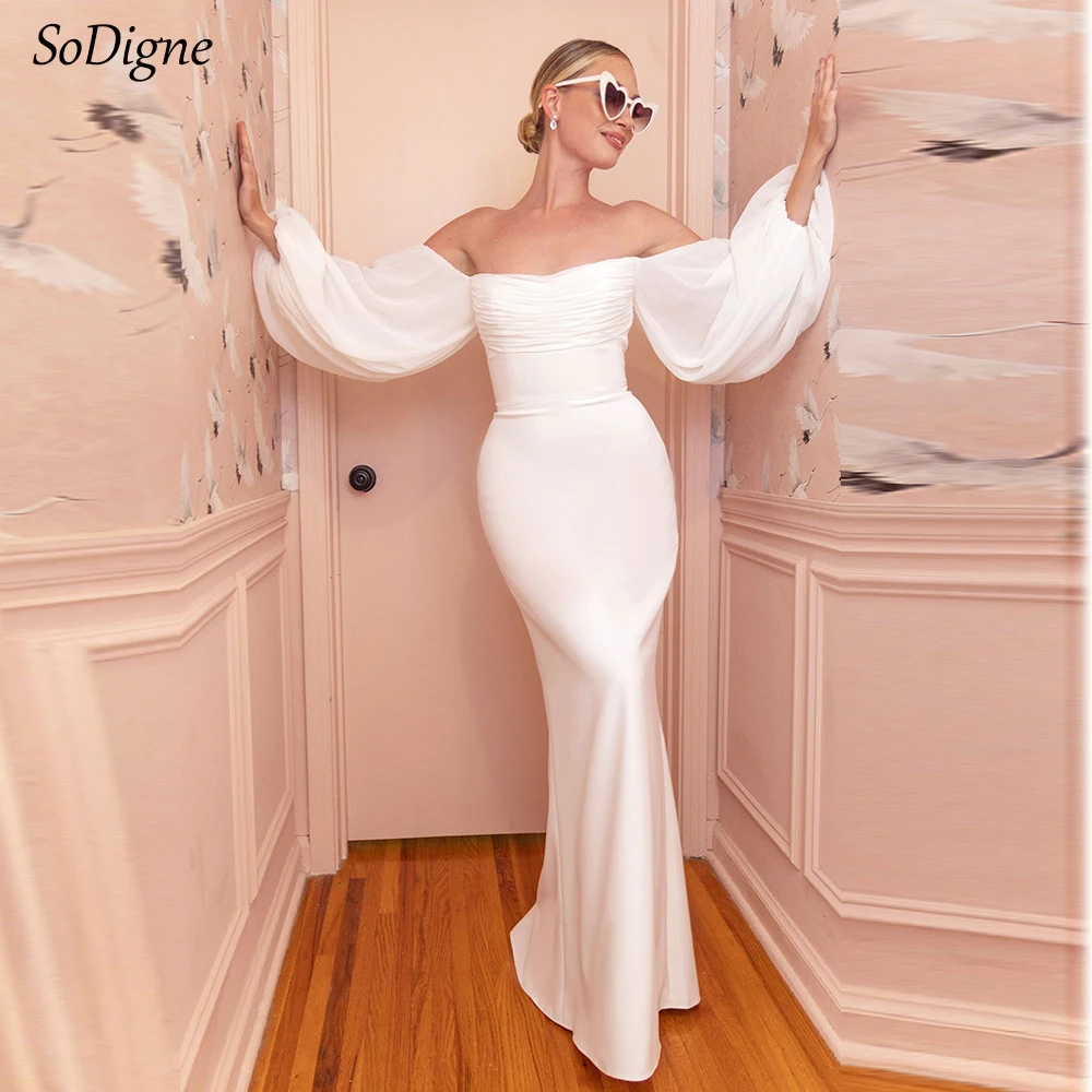 

SoDigne Mermaid Off Shoulder Wedding Dresses Long Sleeves Satin/Chiffon Bridal Dress Split 2024 Bride Gown vestidos de novia