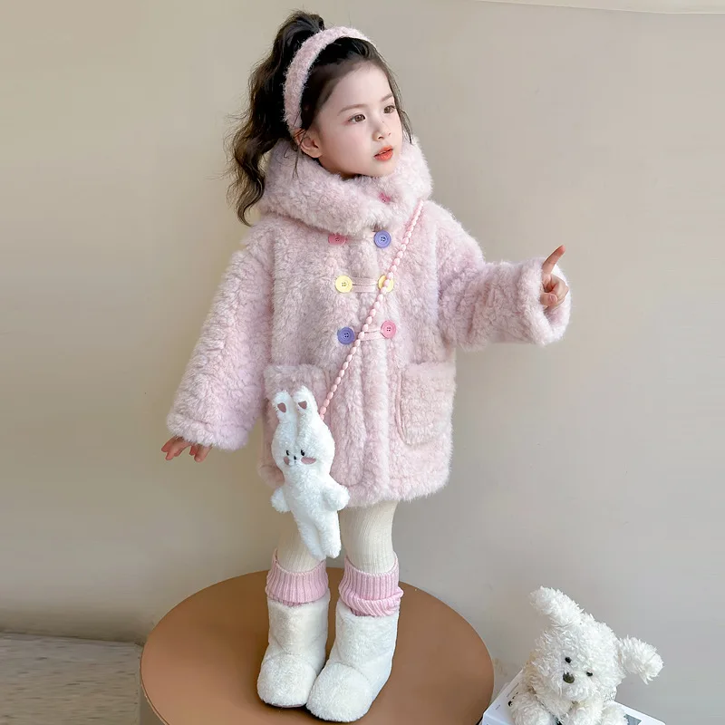 

Girls' Cartoon Fleece-Lined Sweater Coat 2025 New Winter Fashionable Faux Fur Coat Children's Clothing
