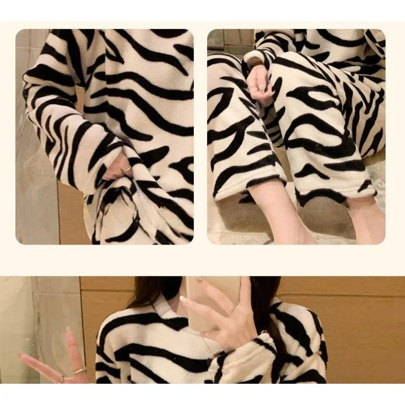 Warm Home Wear Autumn and Winter Stripes Casual Lazy Wind Can Wear Round Neck Thickened Two-piece Set Coral Velvet Pajama Women