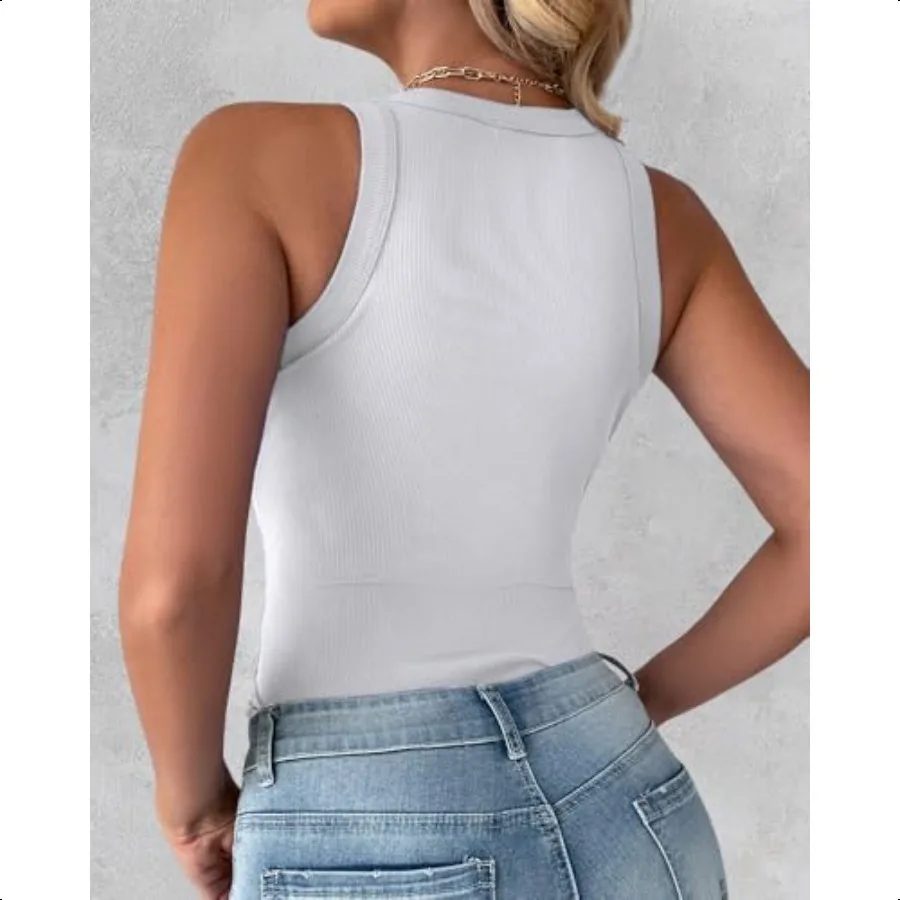 CHICME 3 Piece Tank Top Wanita Kemeja Cami Dasar Lengan Blus Racerback Berusuk Rajut Ramping