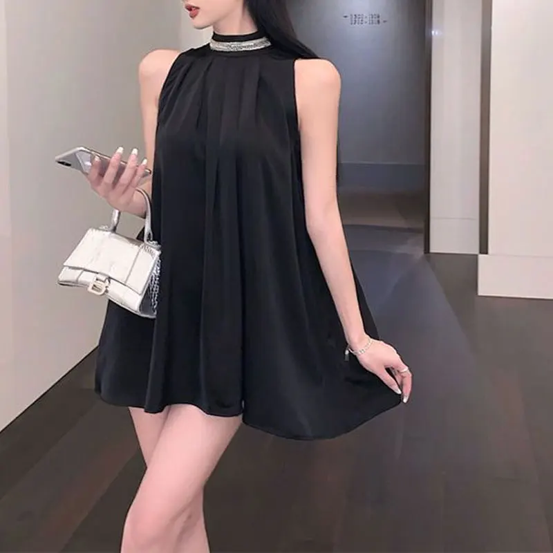 

Women's Clothing Pleated Folds Mini Dress Korean Solid Color Casual Stand Collar Summer Elegant Sleeveless Loose A-Line Dresses