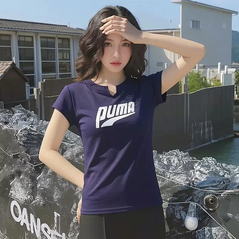 Puma short-sleeved summer women's ribbed sporty simple casual printed fitted short-sleeve T-shirt 638607-16-87-90