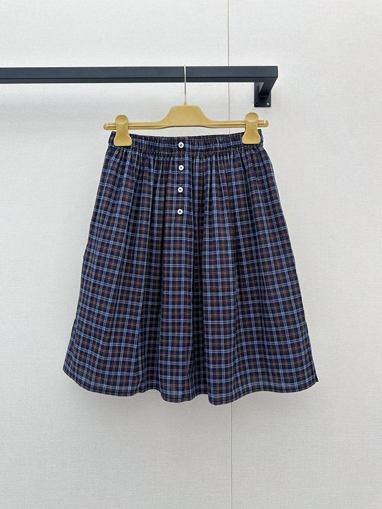 Spring Summer Fashion Vintage Plaid Pattern Print A-Line Mini Skirt Women's Elastic Waist Button Slim Party Short Skirt