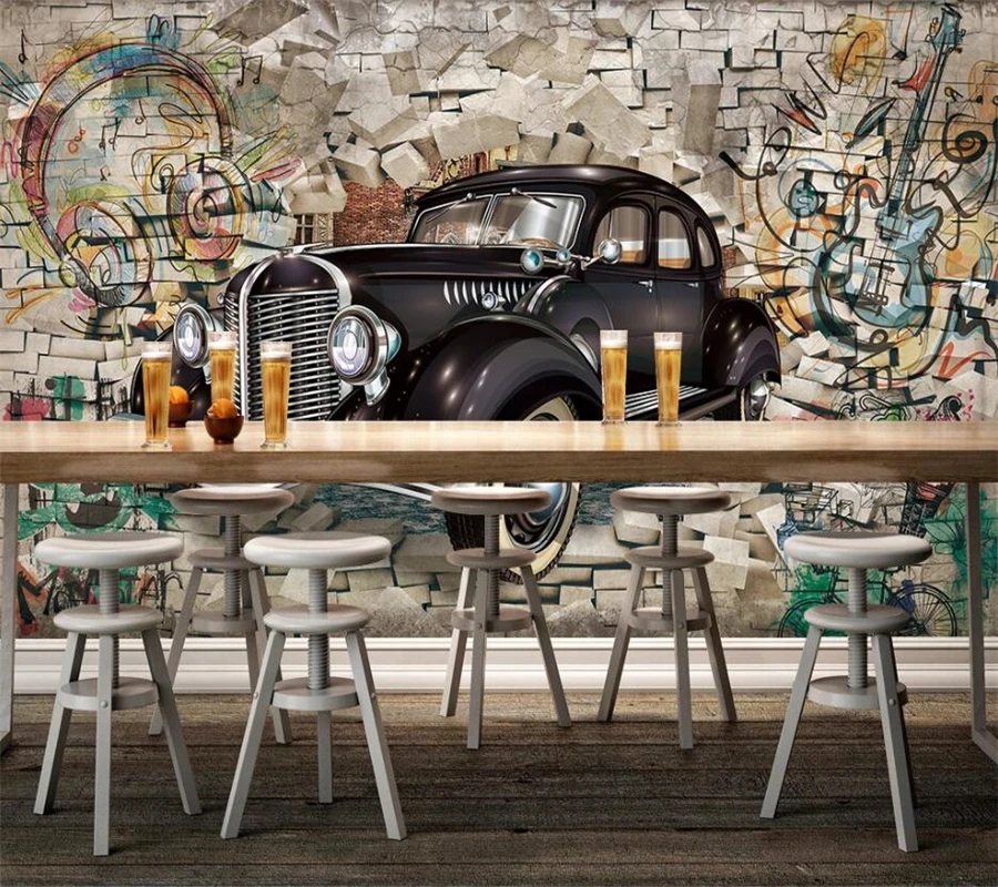 Custom wallpaper 3d mural retro classic car through the wall 3D stereo mural restaurant bar mural wall paper papel de parede 3d