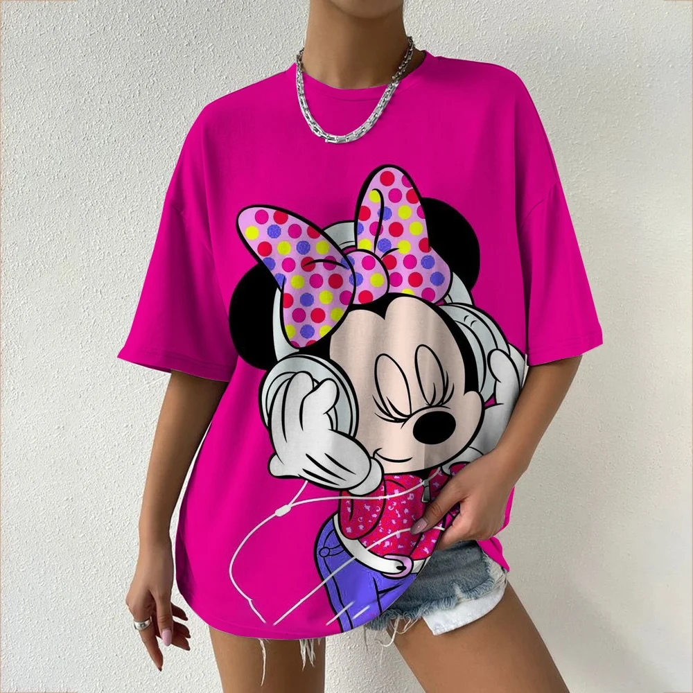 T-shirt a tema Disney Minnie Cartoon Series T-shirt Sweet Cool Street Summer T-shirt oversize da donna per adulti e bambini