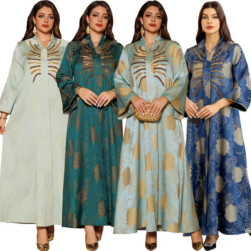 AB402 Muslim Robe Dubai Dress V-neck Jacquard Nail Bead New Women's Wear