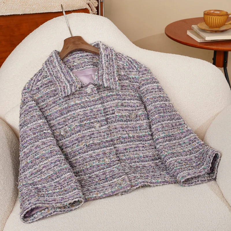 

Fragrance Lapel High Quality Short Coat Women Fashion Luxury Cuffs Simple Versatile Tweed Purple Striped French Female Coat