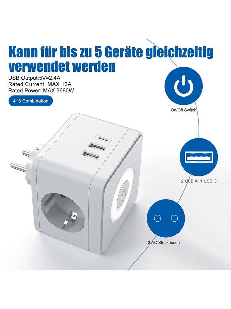 5 In 1 Multiple Plug Socket With USB-C Port,Cube Wall with Night Lamp Socket 250V 16A Socket Adapter , Without Cable