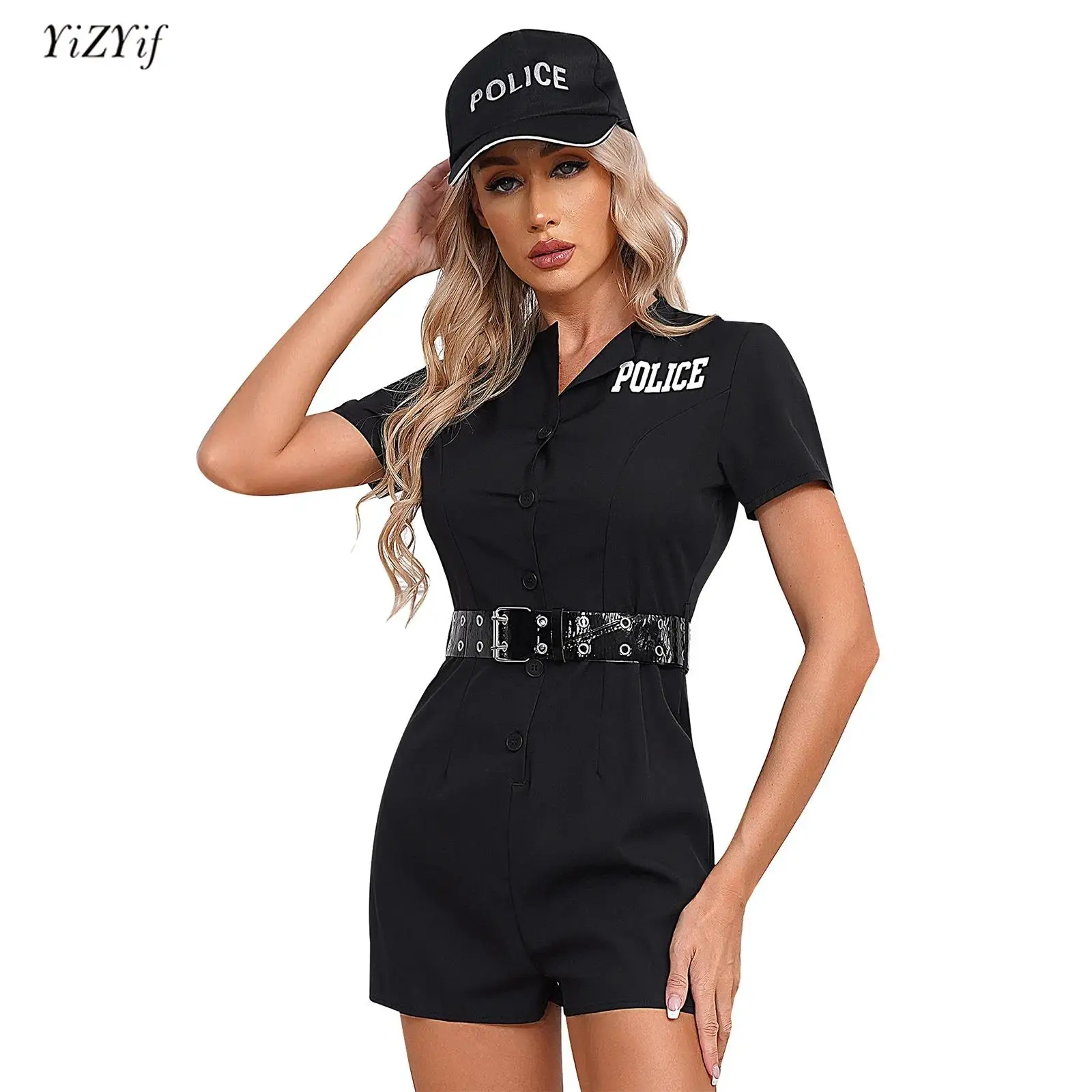 

Halloween Cosplay Policewoman Costumes Outfit for Womens Short Sleeve Letter Print Rompers+Belt+Cap 3Pcs Set Cop Officer Uniform