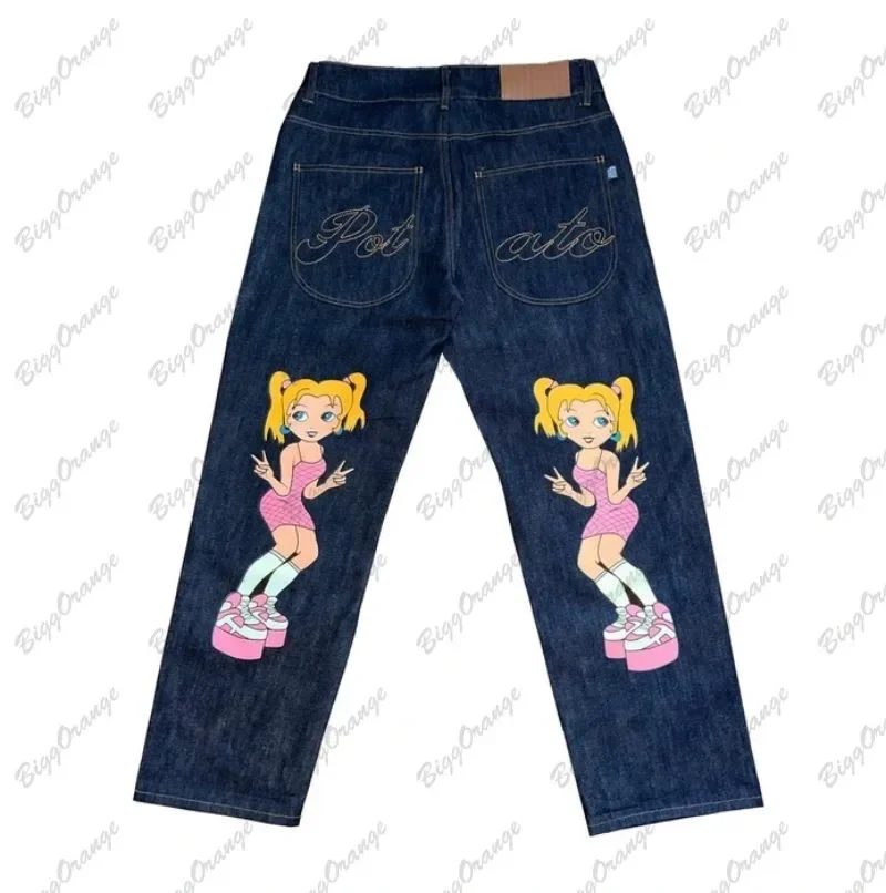 Pantalones vaqueros con estampado de doble cola de caballo para mujer, pantalón holgado de pierna recta y pierna ancha, estilo Harajuku gótico, Y2k