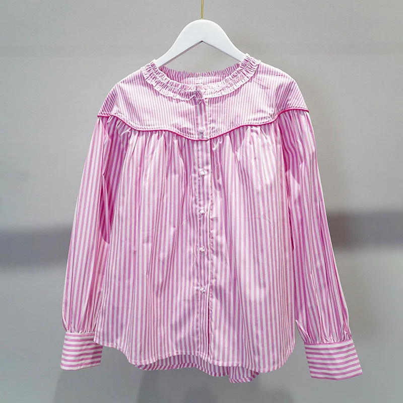 New Round Neck Women Irregular Stripe Long Sleeved Shirt French Autumn 2023  simple and versatile blouse top for Femme