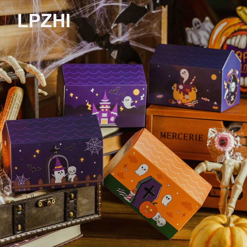 LPZHI 10Pcs Halloween Cookies Candy Packaging Paper Boxes Trick or Treat Pumpkin Child Favors Gift Decoration Party Holiday