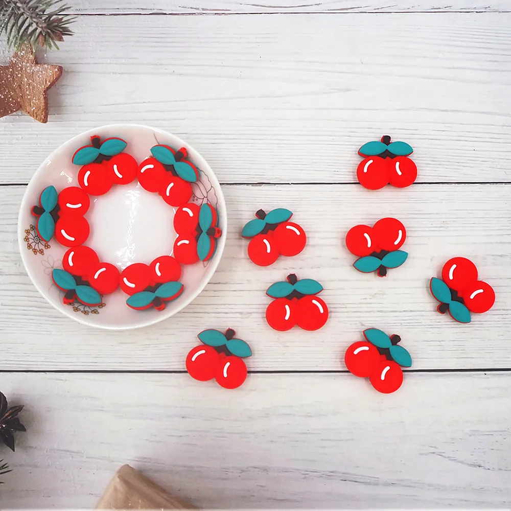 Chenkai 50pcs Cherry Coconut Tree Beads Cartoon Silicone Bead BPA Free Infant Chewable Dummy Necklace Pacifier Toy Accessories