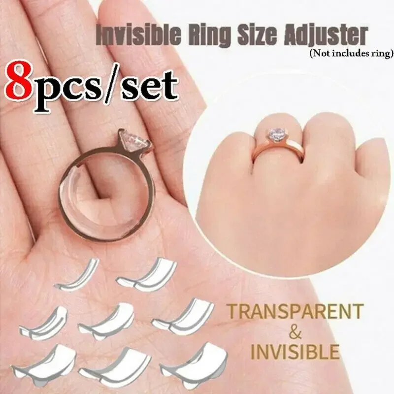 8pcs/box Silicone Invisible Clear Ring Size Resizer Loose Rings Reducer Ring Sizer Fit Any Rings Jewelry Tools Tightener